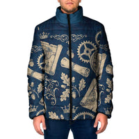 Legend 1976 Vintage Gears and Scrolls Design Padded Jacket with Crown Motif in Classic Blue and Beige Retro