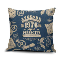 Legend 1976 Vintage Gears and Scrolls Design Pillow Cover with Crown Motif in Classic Blue and Beige Retro