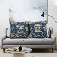 Legend 1976 Vintage Gears and Scrolls Design Pillow Cover with Crown Motif in Classic Blue and Beige Retro