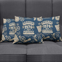 Legend 1976 Vintage Gears and Scrolls Design Pillow Cover with Crown Motif in Classic Blue and Beige Retro