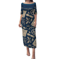 Legend 1976 Vintage Gears and Scrolls Design Puletasi with Crown Motif in Classic Blue and Beige Retro