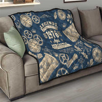 Legend 1976 Vintage Gears and Scrolls Design Quilt with Crown Motif in Classic Blue and Beige Retro