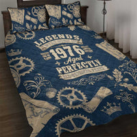 Legend 1976 Vintage Gears and Scrolls Design Quilt Bed Set with Crown Motif in Classic Blue and Beige Retro