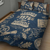 Legend 1976 Vintage Gears and Scrolls Design Quilt Bed Set with Crown Motif in Classic Blue and Beige Retro