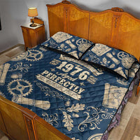 Legend 1976 Vintage Gears and Scrolls Design Quilt Bed Set with Crown Motif in Classic Blue and Beige Retro