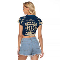 Legend 1976 Vintage Gears and Scrolls Design Raglan Cropped T Shirt with Crown Motif in Classic Blue and Beige Retro