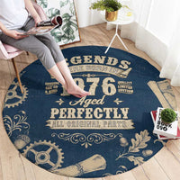 Legend 1976 Vintage Gears and Scrolls Design Round Carpet with Crown Motif in Classic Blue and Beige Retro
