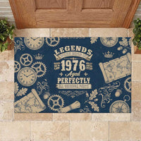 Legend 1976 Vintage Gears and Scrolls Design Rubber Doormat with Crown Motif in Classic Blue and Beige Retro
