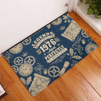 Legend 1976 Vintage Gears and Scrolls Design Rubber Doormat with Crown Motif in Classic Blue and Beige Retro