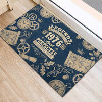 Legend 1976 Vintage Gears and Scrolls Design Rubber Doormat with Crown Motif in Classic Blue and Beige Retro