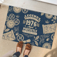 Legend 1976 Vintage Gears and Scrolls Design Rubber Doormat with Crown Motif in Classic Blue and Beige Retro