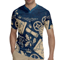 Legend 1976 Vintage Gears and Scrolls Design Rugby Jersey with Crown Motif in Classic Blue and Beige Retro