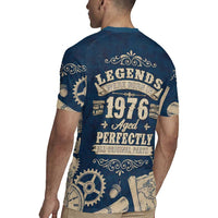 Legend 1976 Vintage Gears and Scrolls Design Rugby Jersey with Crown Motif in Classic Blue and Beige Retro