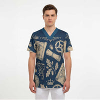 Legend 1976 Vintage Gears and Scrolls Design Scrub Top with Crown Motif in Classic Blue and Beige Retro