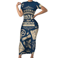 Legend 1976 Vintage Gears and Scrolls Design Short Sleeve Bodycon Dress with Crown Motif in Classic Blue and Beige Retro