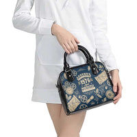 Legend 1976 Vintage Gears and Scrolls Design Shoulder Handbag with Crown Motif in Classic Blue and Beige Retro
