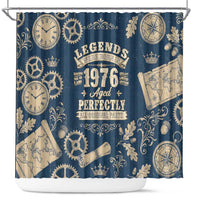Legend 1976 Vintage Gears and Scrolls Design Shower Curtain with Crown Motif in Classic Blue and Beige Retro