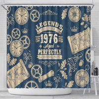 Legend 1976 Vintage Gears and Scrolls Design Shower Curtain with Crown Motif in Classic Blue and Beige Retro