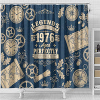 Legend 1976 Vintage Gears and Scrolls Design Shower Curtain with Crown Motif in Classic Blue and Beige Retro