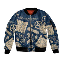 Legend 1976 Vintage Gears and Scrolls Design Sleeve Zip Bomber Jacket with Crown Motif in Classic Blue and Beige Retro