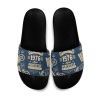 Legend 1976 Vintage Gears and Scrolls Design Slide Sandals with Crown Motif in Classic Blue and Beige Retro