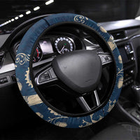 Legend 1976 Vintage Gears and Scrolls Design Steering Wheel Cover with Crown Motif in Classic Blue and Beige Retro