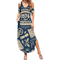 Legend 1976 Vintage Gears and Scrolls Design Summer Maxi Dress with Crown Motif in Classic Blue and Beige Retro
