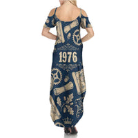 Legend 1976 Vintage Gears and Scrolls Design Summer Maxi Dress with Crown Motif in Classic Blue and Beige Retro