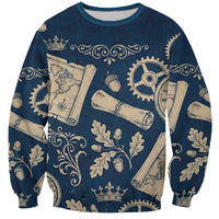 Legend 1976 Vintage Gears and Scrolls Design Sweatshirt with Crown Motif in Classic Blue and Beige Retro