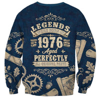Legend 1976 Vintage Gears and Scrolls Design Sweatshirt with Crown Motif in Classic Blue and Beige Retro