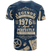Legend 1976 Vintage Gears and Scrolls Design T Shirt with Crown Motif in Classic Blue and Beige Retro
