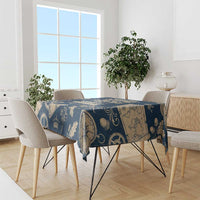 Legend 1976 Vintage Gears and Scrolls Design Tablecloth with Crown Motif in Classic Blue and Beige Retro