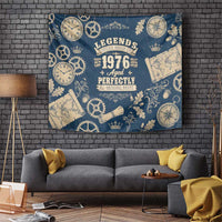 Legend 1976 Vintage Gears and Scrolls Design Tapestry with Crown Motif in Classic Blue and Beige Retro