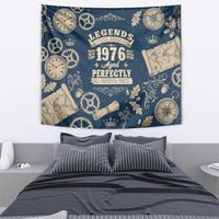 Legend 1976 Vintage Gears and Scrolls Design Tapestry with Crown Motif in Classic Blue and Beige Retro