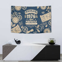 Legend 1976 Vintage Gears and Scrolls Design Tapestry with Crown Motif in Classic Blue and Beige Retro