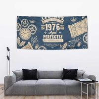 Legend 1976 Vintage Gears and Scrolls Design Tapestry with Crown Motif in Classic Blue and Beige Retro