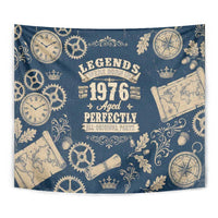 Legend 1976 Vintage Gears and Scrolls Design Tapestry with Crown Motif in Classic Blue and Beige Retro