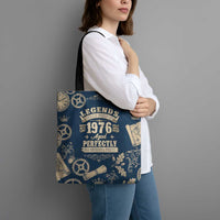 Legend 1976 Vintage Gears and Scrolls Design Tote Bag with Crown Motif in Classic Blue and Beige Retro