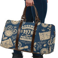 Legend 1976 Vintage Gears and Scrolls Design Travel Bag with Crown Motif in Classic Blue and Beige Retro