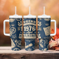 Legend 1976 Vintage Gears and Scrolls Design Tumbler With Handle with Crown Motif in Classic Blue and Beige Retro