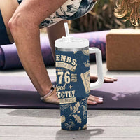 Legend 1976 Vintage Gears and Scrolls Design Tumbler With Handle with Crown Motif in Classic Blue and Beige Retro