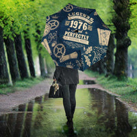 Legend 1976 Vintage Gears and Scrolls Design Umbrella with Crown Motif in Classic Blue and Beige Retro