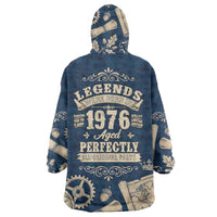 Legend 1976 Vintage Gears and Scrolls Design Wearable Blanket Hoodie with Crown Motif in Classic Blue and Beige Retro