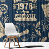 Legend 1976 Vintage Gears and Scrolls Design Window Curtain with Crown Motif in Classic Blue and Beige Retro