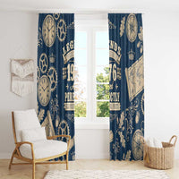 Legend 1976 Vintage Gears and Scrolls Design Window Curtain with Crown Motif in Classic Blue and Beige Retro