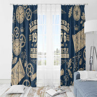 Legend 1976 Vintage Gears and Scrolls Design Window Curtain with Crown Motif in Classic Blue and Beige Retro
