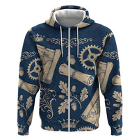 Legend 1976 Vintage Gears and Scrolls Design Zip Hoodie with Crown Motif in Classic Blue and Beige Retro