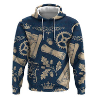 Legend 1976 Vintage Gears and Scrolls Design Zip Hoodie with Crown Motif in Classic Blue and Beige Retro