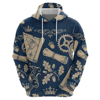 Legend 1976 Vintage Gears and Scrolls Design Zip Hoodie with Crown Motif in Classic Blue and Beige Retro