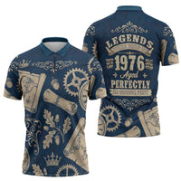 Legend 1976 Vintage Gears and Scrolls Design Zipper Polo Shirt with Crown Motif in Classic Blue and Beige Retro